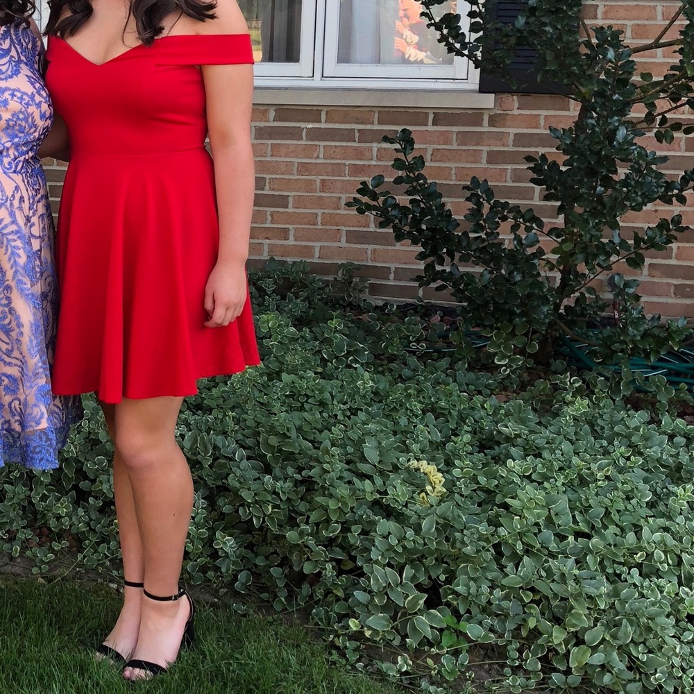 red off the shoulder formal dress